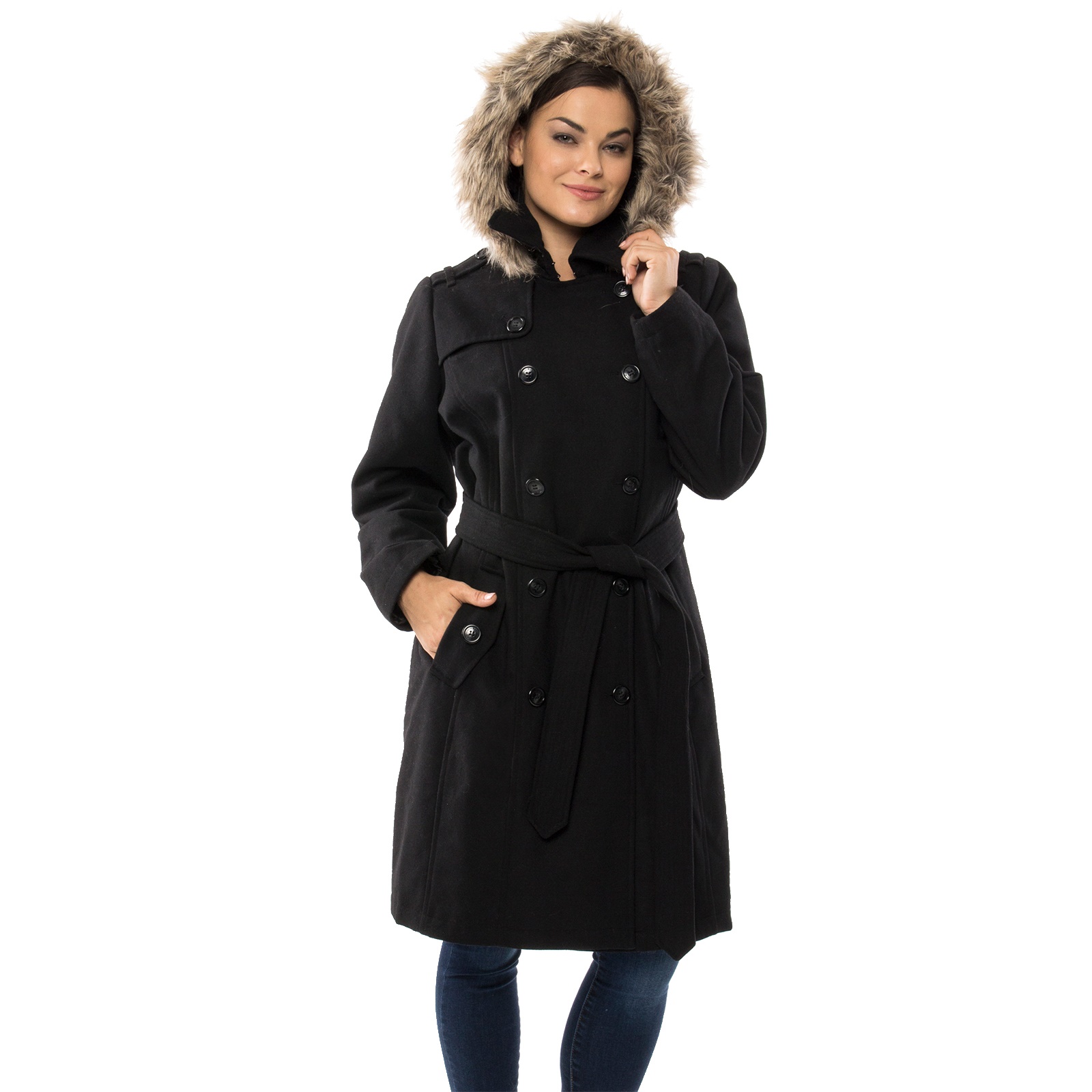 Womens Parka Trench Pea Coat Belt Jacket Fur Black Size Large Nw4d for